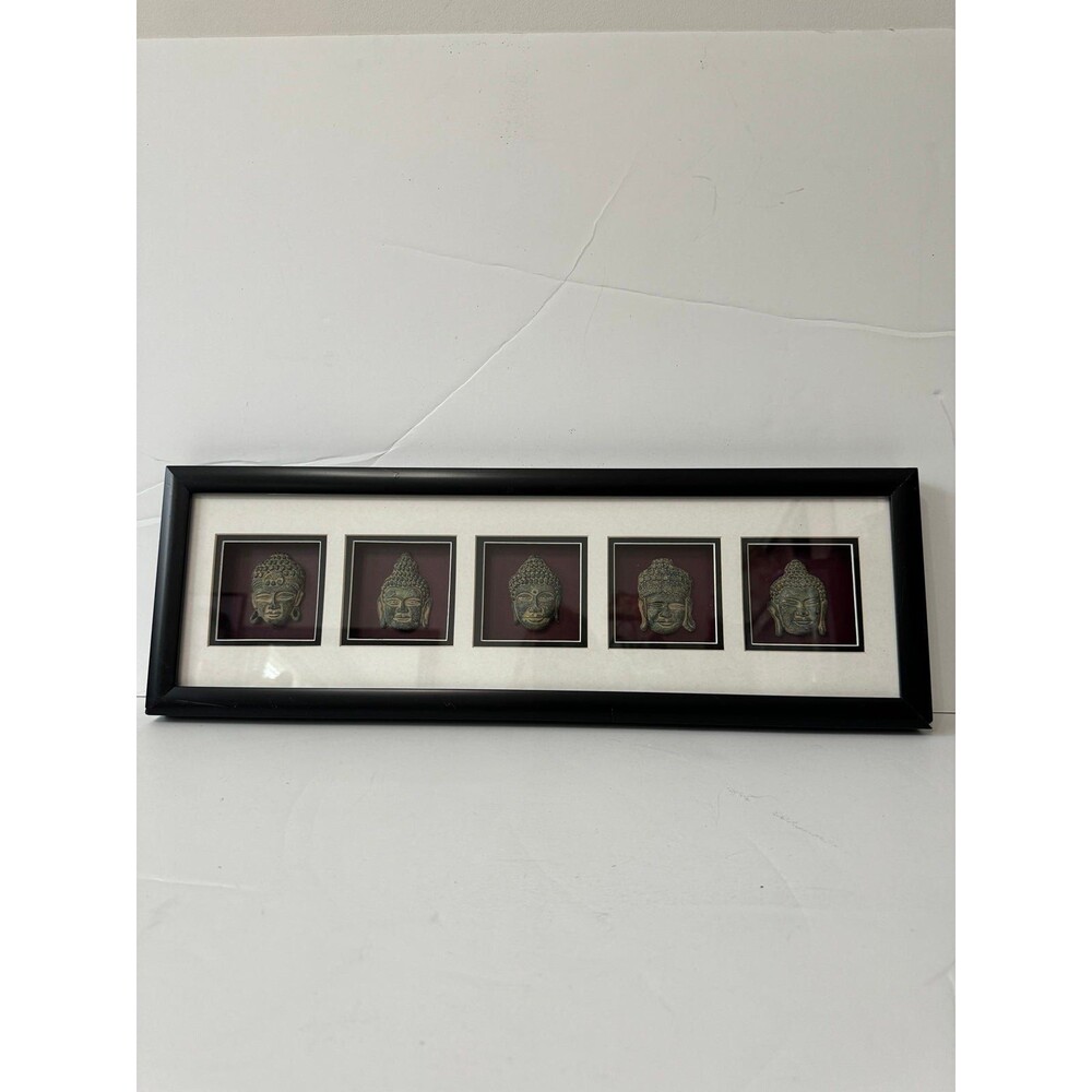 Antique Buddha Thailand Ceramic Faces Framed Shadow Box